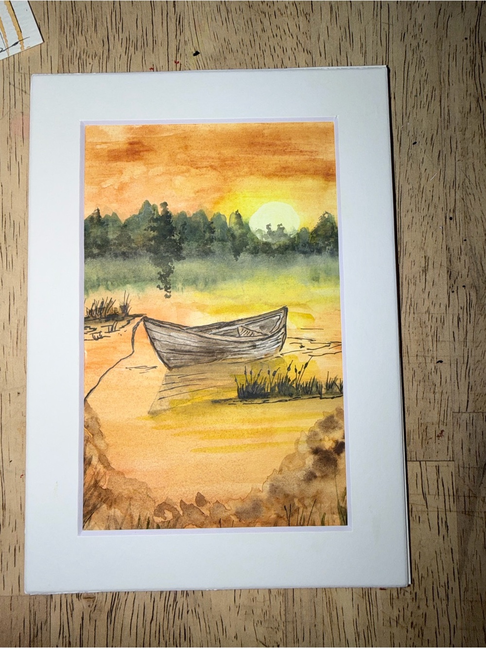 Sunset Boat Watercolor Print - Orange & Yellow Landscape